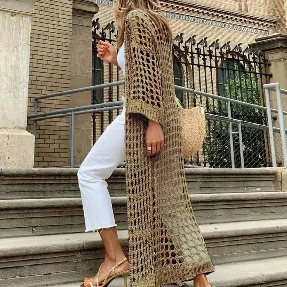 Brown Casual Women's Solid Color Holiday Matching Hollow Out Long Cardigan - Picture 2 of 4